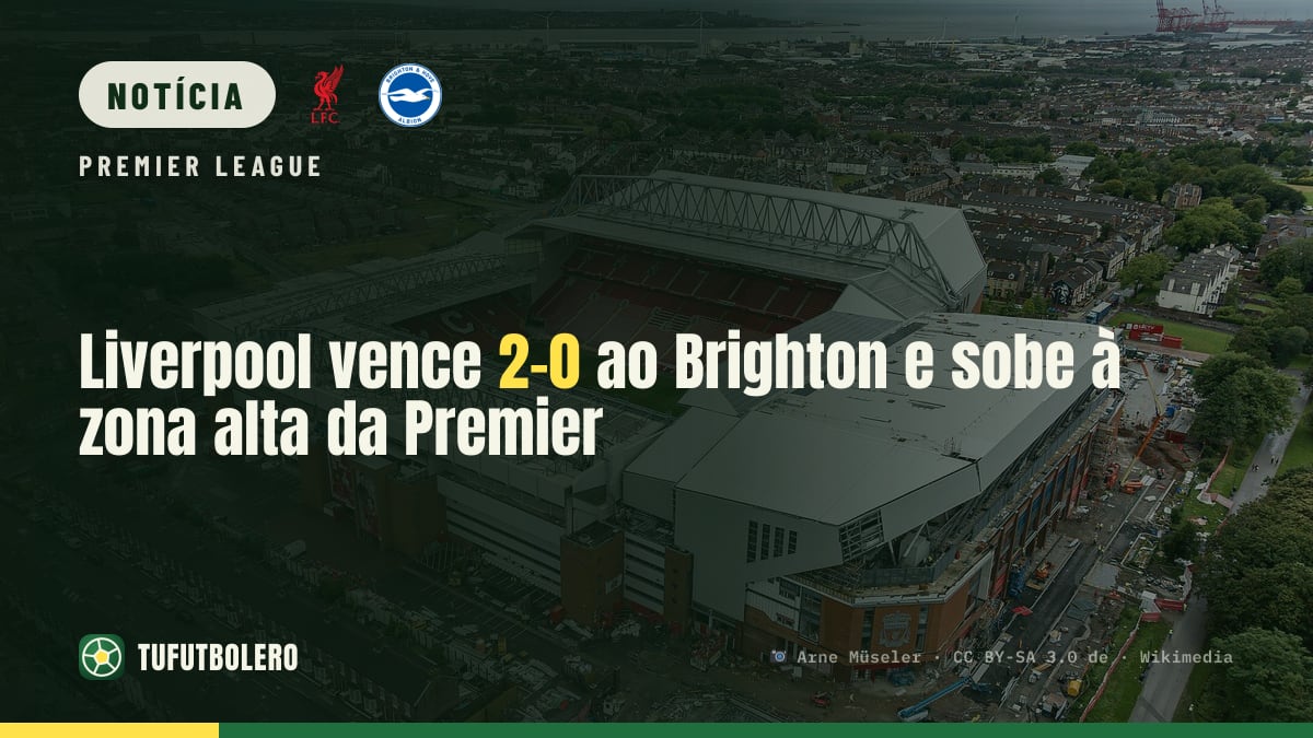Liverpool vence 2-0 ao Brighton e sobe à zona alta da Premier